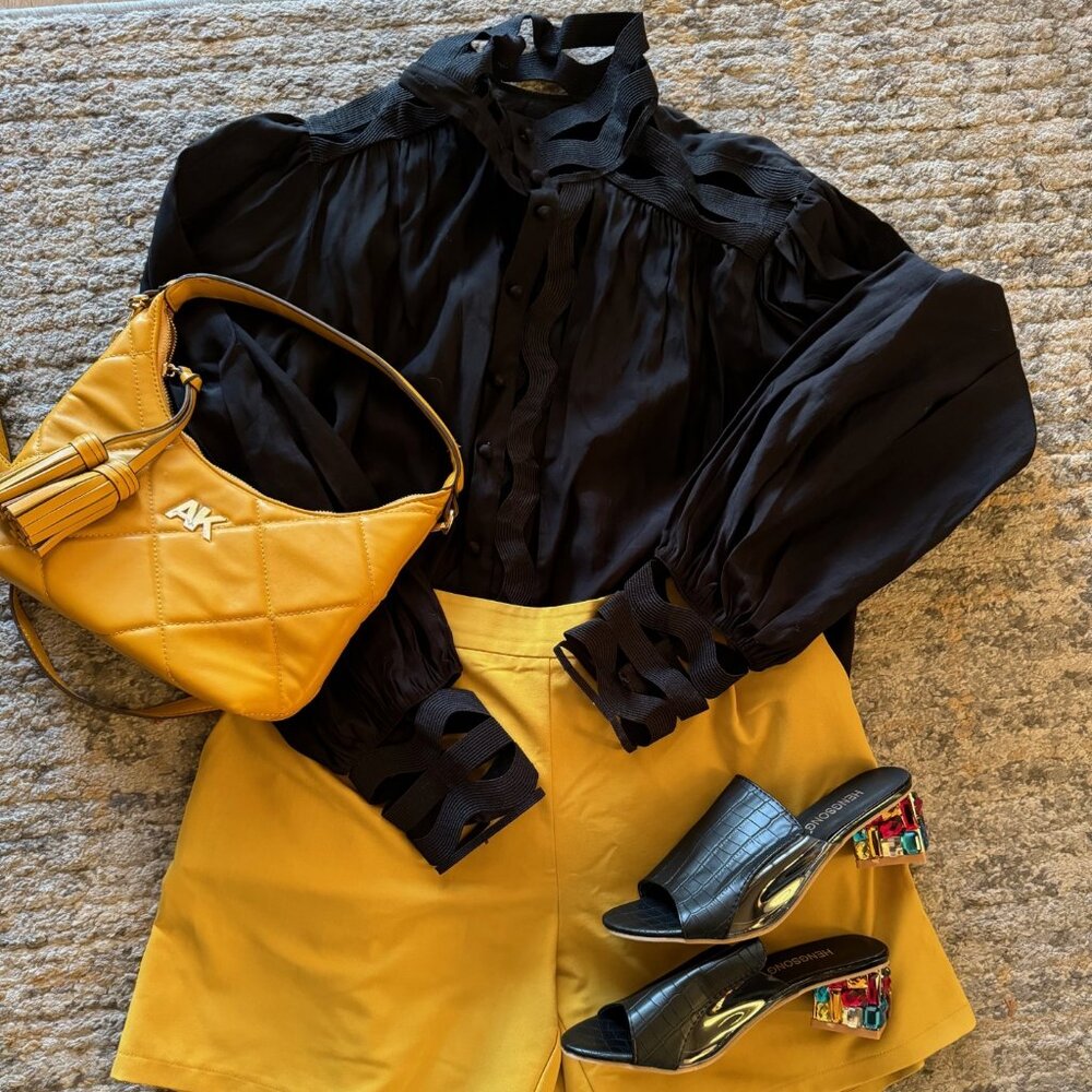 Chic Women's Outfit Bundle - Black Blouse and Heels, Mustard Shorts and Purse